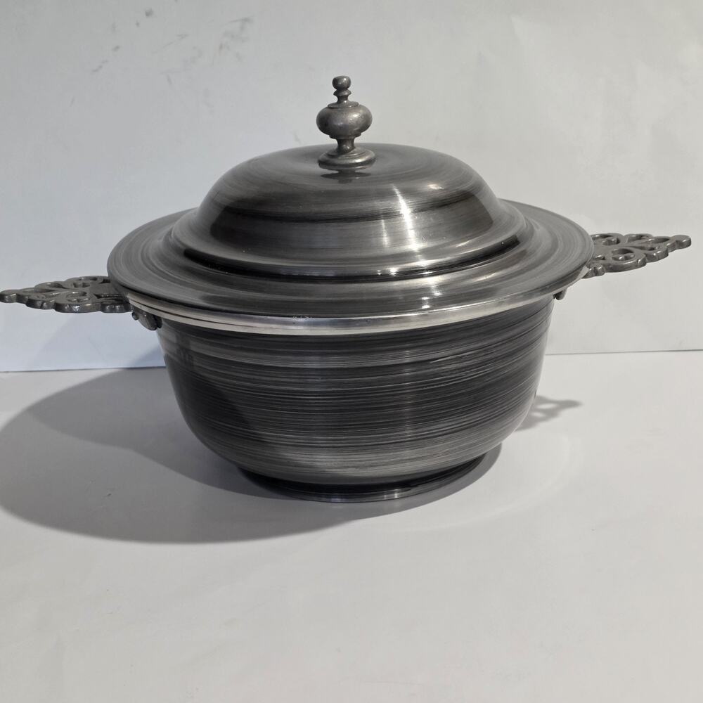 Vintage Lazar Aluminum Light Bowl With Ornate Handles And Lid.